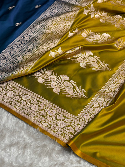 Contrast German Blue / Mustard Shades Banarasi Booti Pattern Mashru Silk Saree MSM-138