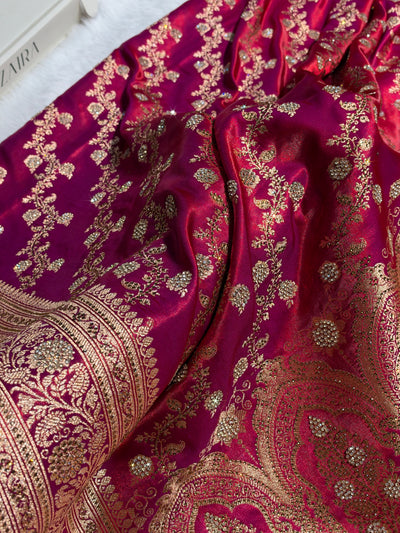Bridal Reddish Magenta Cross Satin Silk with Ari and Stone work BSS11