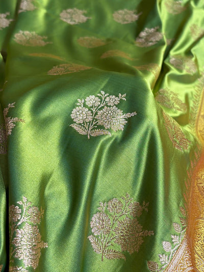 Contrast Banarasi Satin Katan Saree Booti Pattern in Mahndi/ Rani Shades SK140