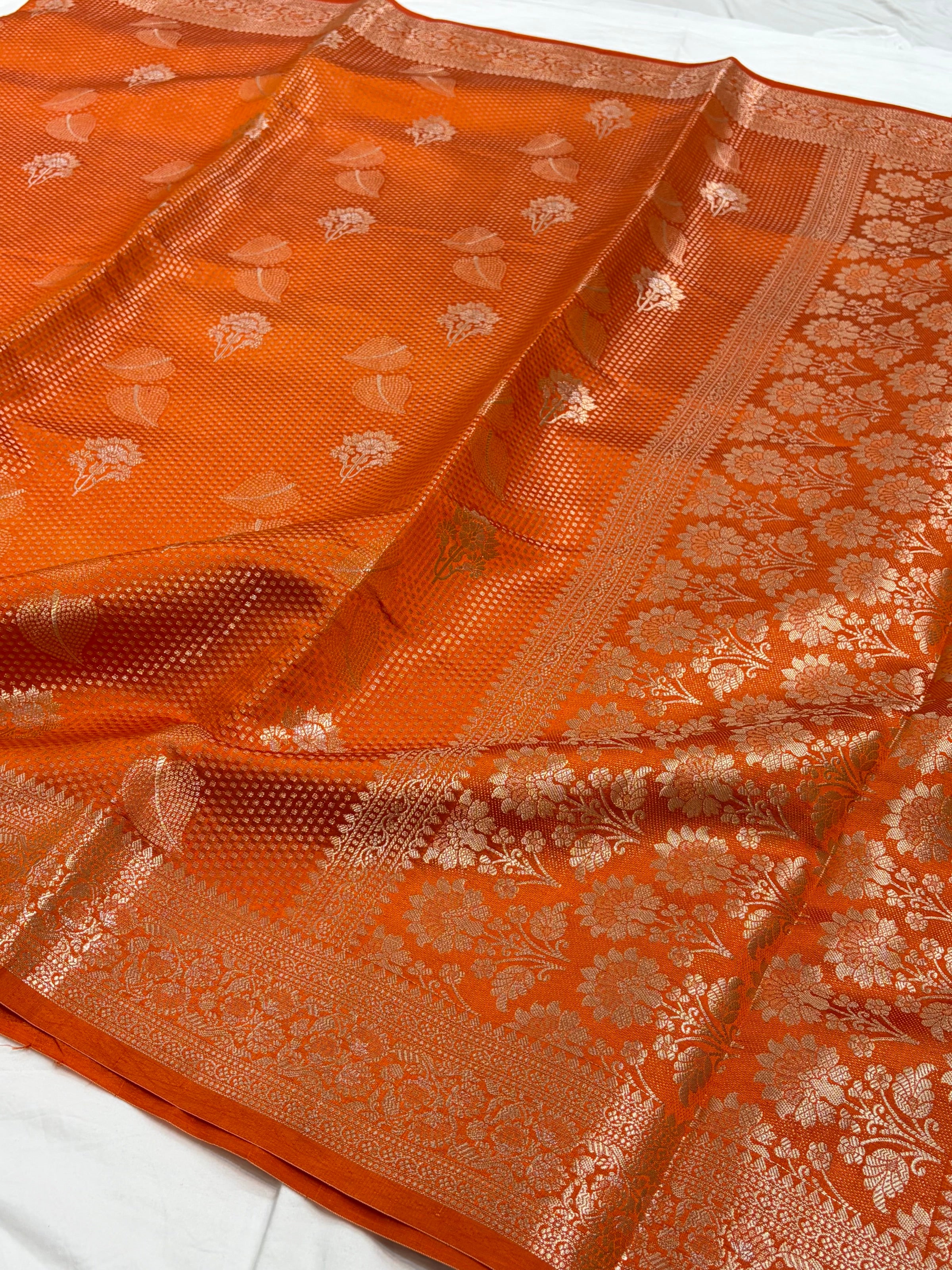 Orange Flower Booti Pure Caramel Silk Saree