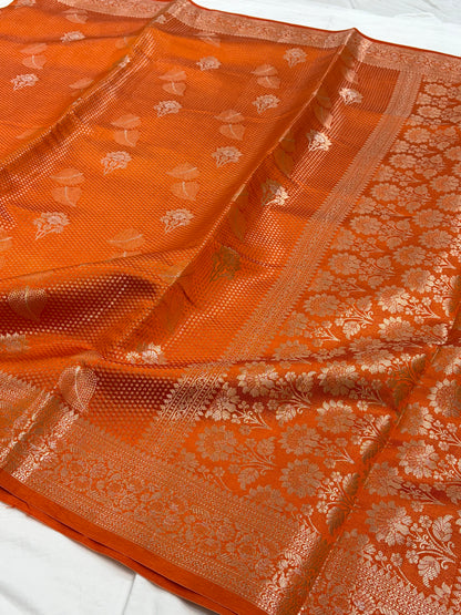 Orange Flower Booti Pure Caramel Silk Saree