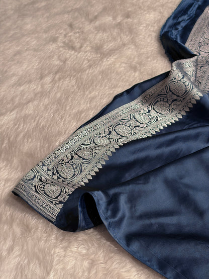 Banarasi Dark German Blue Booti Mashru Silk Saree MS10