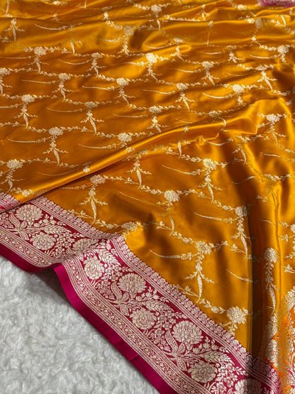 Contrast Banarasi Satin Katan Saree With Boota in Mustard With Rani Shades SK115