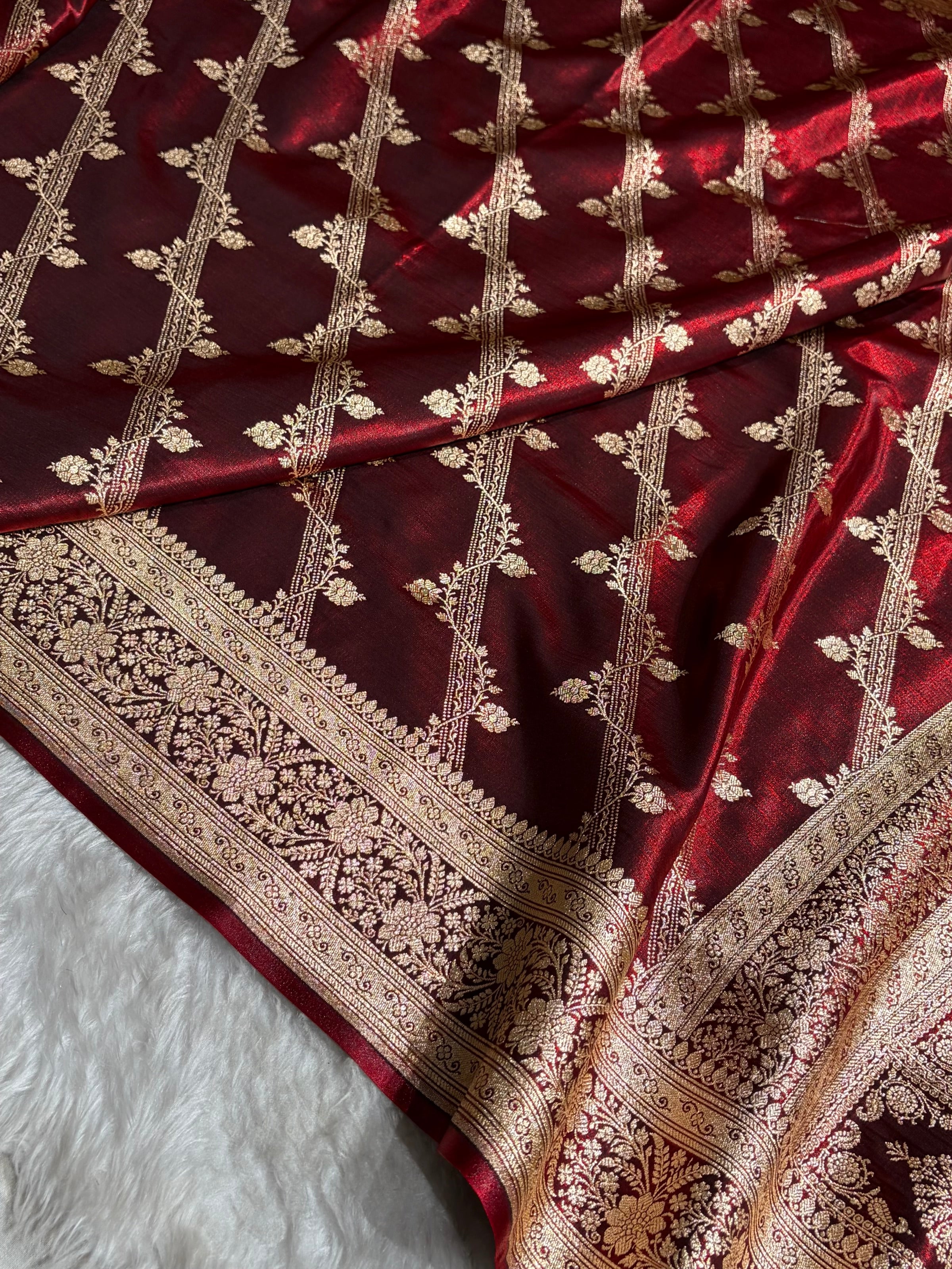 Maroon Shades Cross Pattern Banarasi Satin Silk Saree SS50