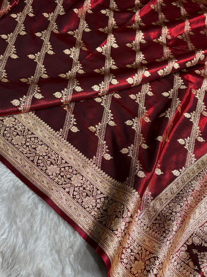 Maroon Shades Cross Pattern Banarasi Satin Silk Saree SS50