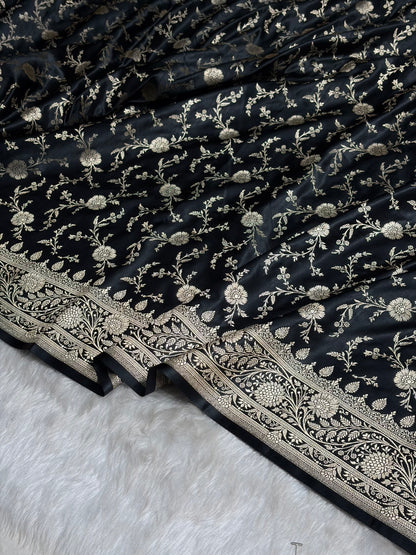 Black Banarasi Jaal Katan Silk Saree SKM37