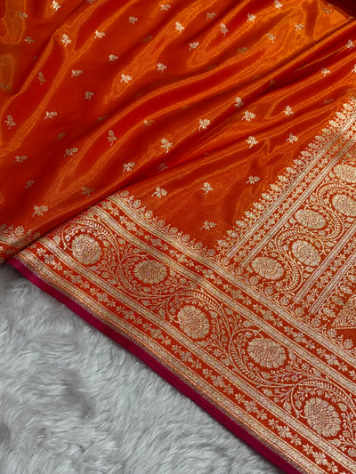 Banarasi Fire Gold Shades Cross Pattern Banarasi Satin Silk Saree SS52