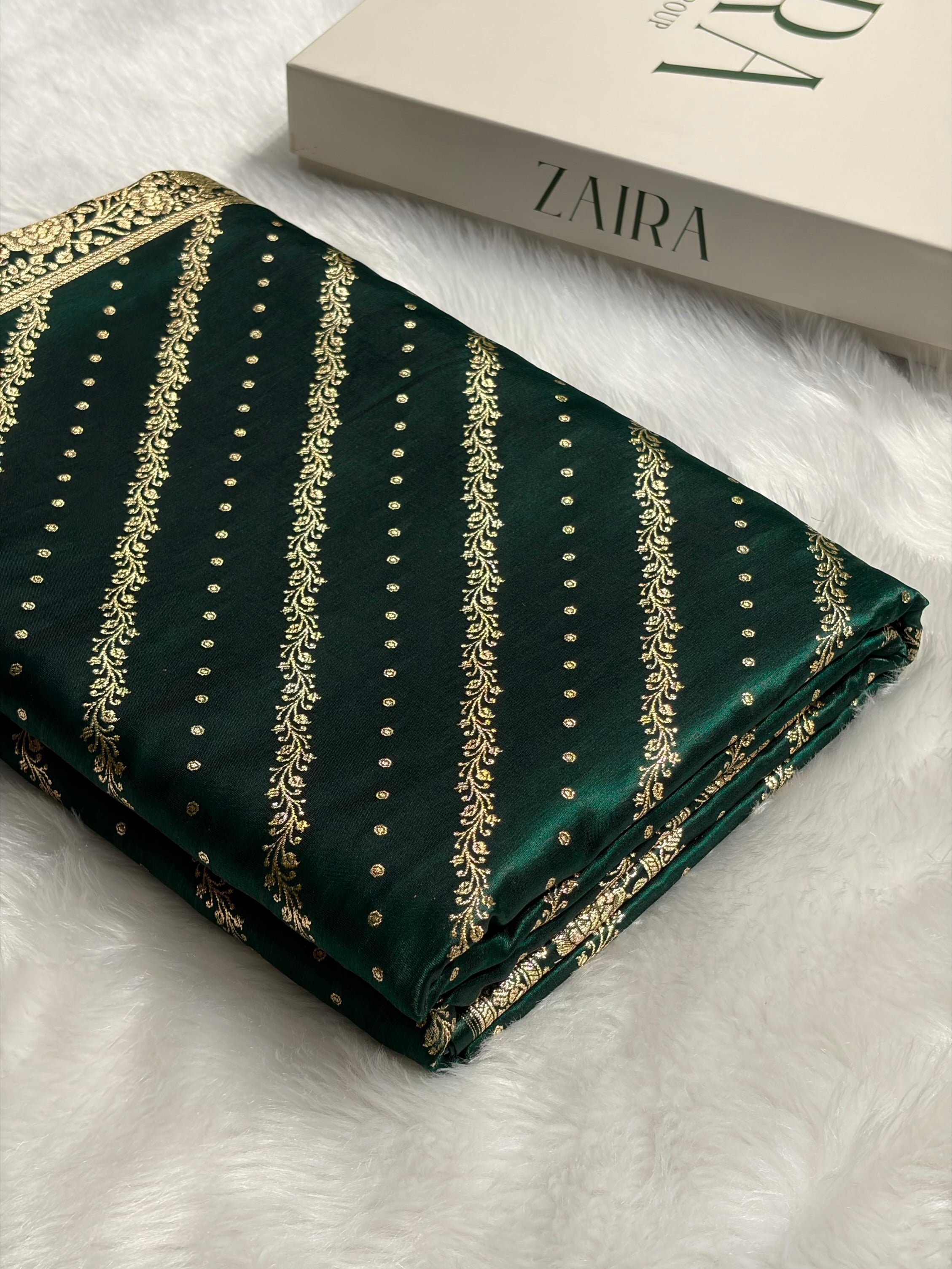 Banarasi Bottle Green Shades Cross Pattern Banarasi Satin Silk Saree SS61