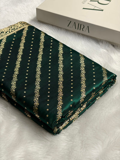 Banarasi Bottle Green Shades Cross Pattern Banarasi Satin Silk Saree SS61