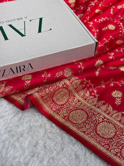 Cross Red Shades Jaal Floral Pattern Satin Katan Silk Saree SK81