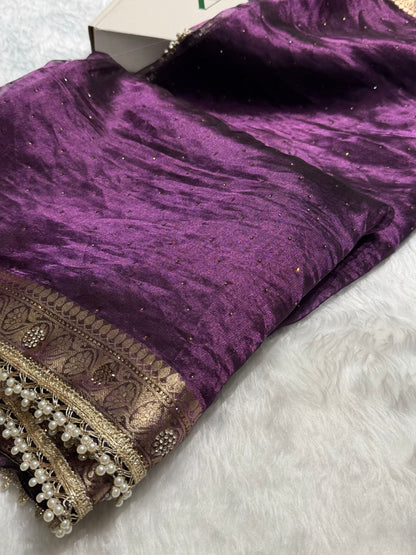 Wine Shades Pure Tissue Silk With Banarasi Swarovski Work Saree with Brocade Blouse BPT-09