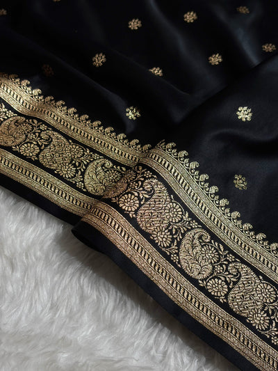 Banarasi Satin Katan Saree With Boota Pattern in Black Shades SK127