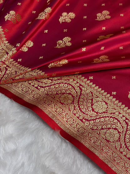 Magentic Red Floral Unique Boota Pattern Satin Katan Silk Saree SK73