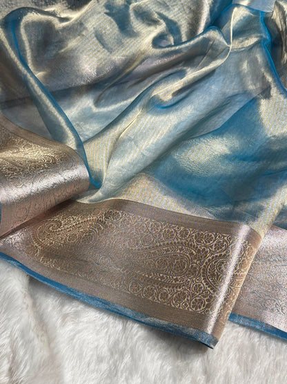 Pastel Blue Tissue Bananasi Floral Pure Tissue Silk Saree PT-57