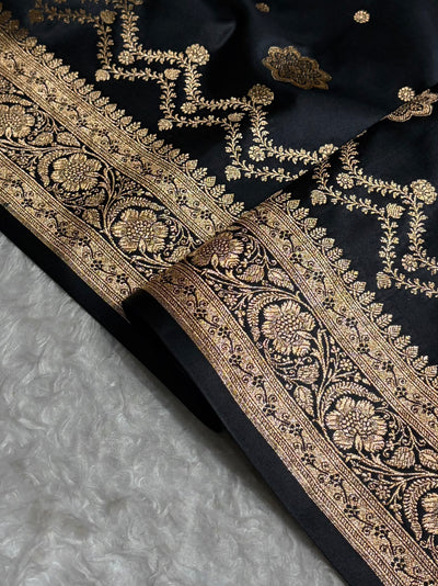 Banarasi Satin Katan Saree Floral Boota Pattern in Black Shades SK146