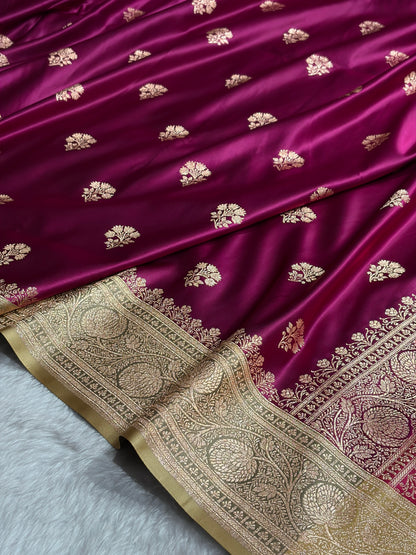Wine - Cream Banarasi Boota Katan Silk Saree SKM29