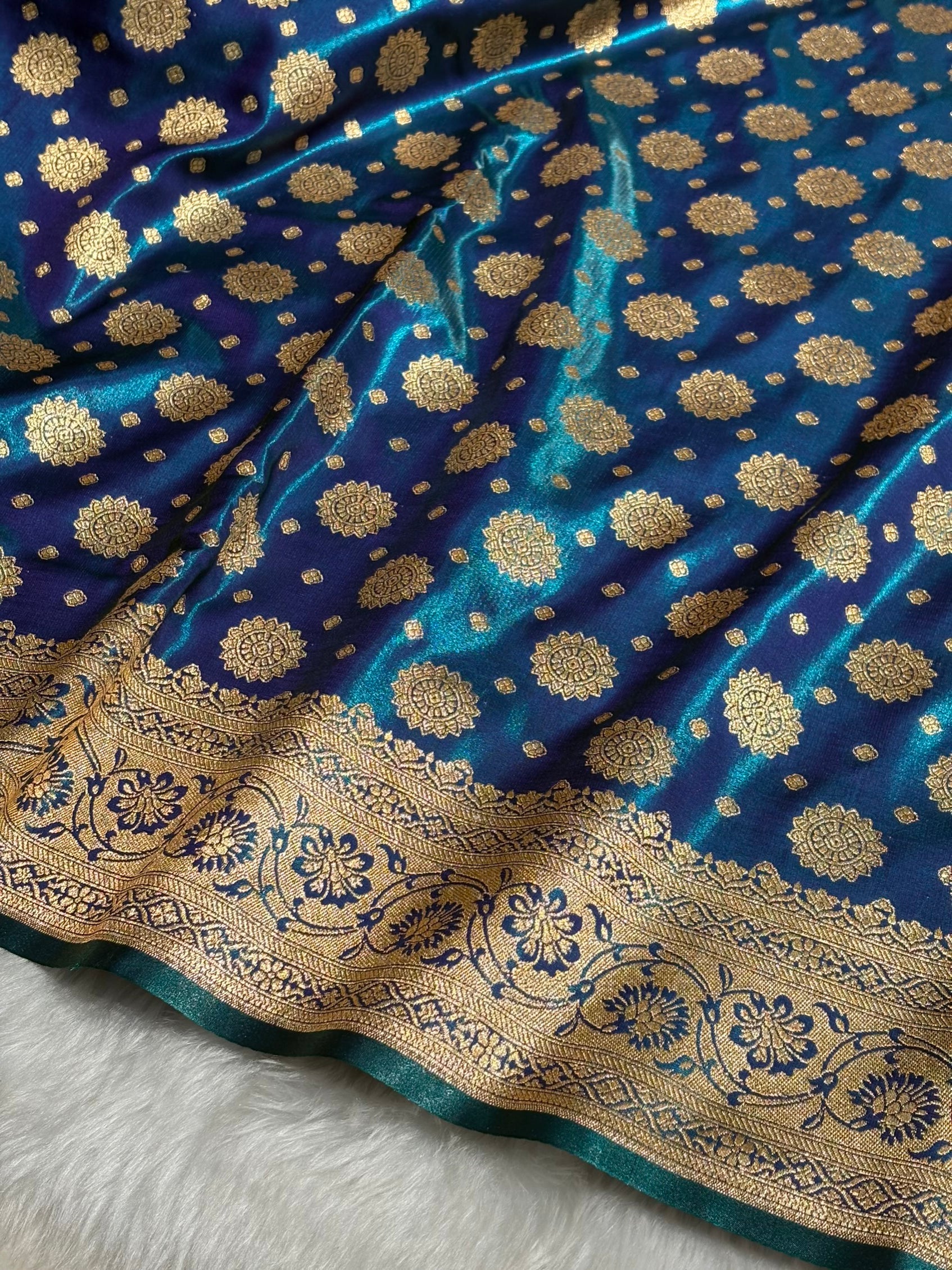 Satin Silk Booti Boota in Peacock SS09