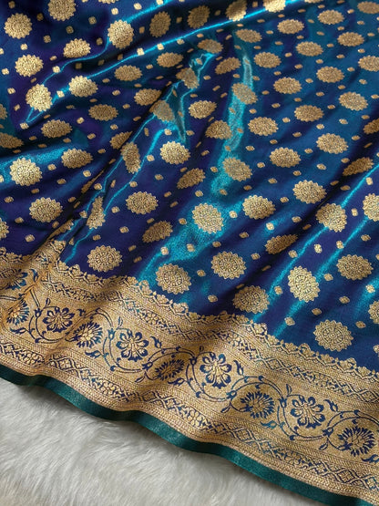 Satin Silk Booti Boota in Peacock SS09