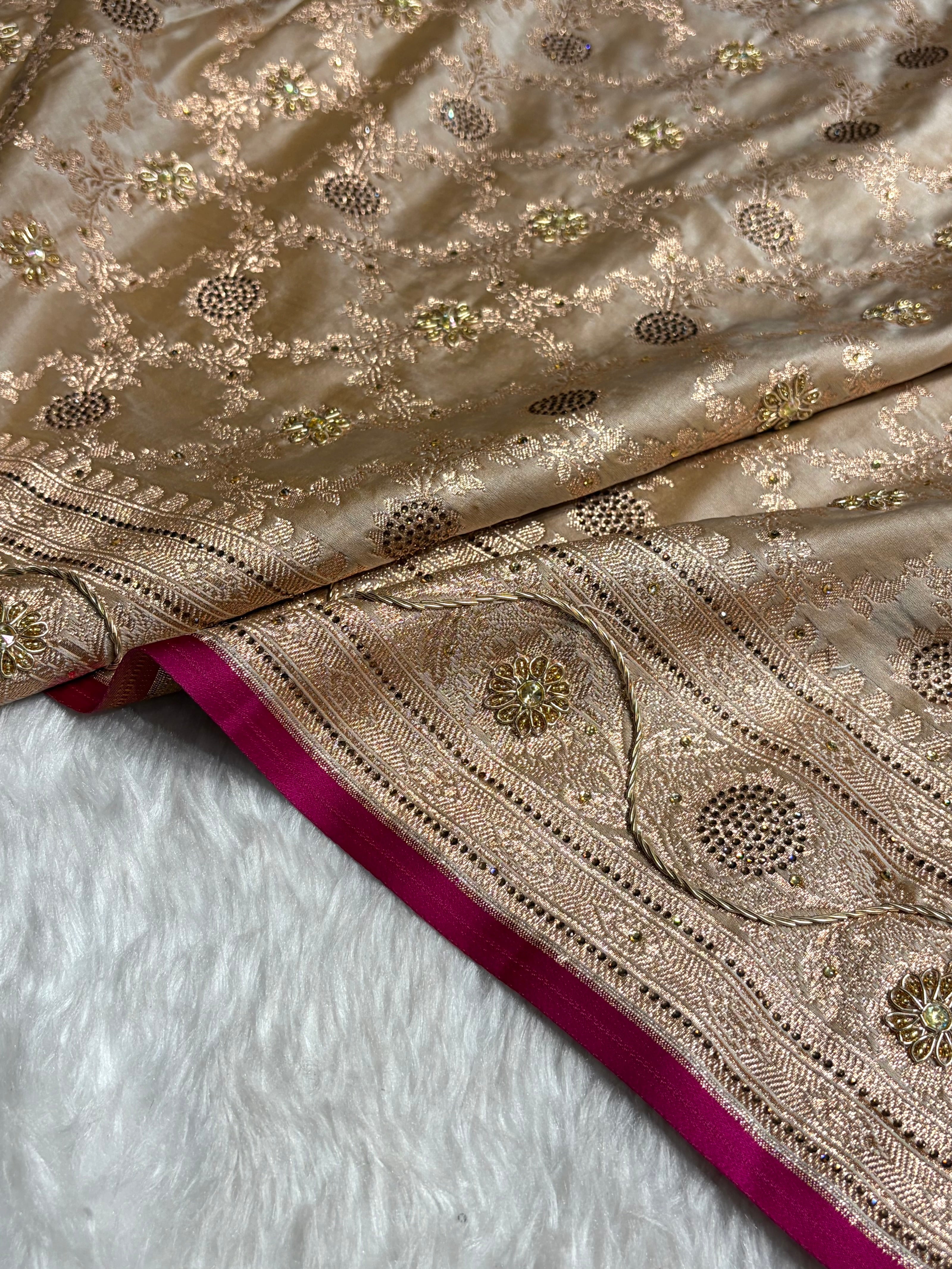 Beige Jaal With Banarasi Swarovski and Zardozi Work Pattern Satin Katan Silk Saree BSK25