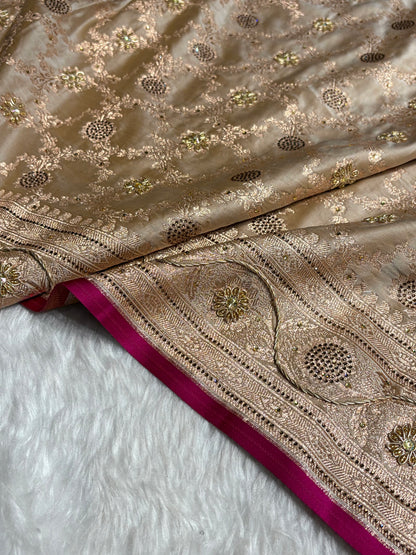 Beige Jaal With Banarasi Swarovski and Zardozi Work Pattern Satin Katan Silk Saree BSK25