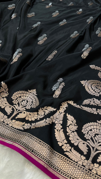 Black Mashru Silk Saree with Rupa Sona Motifs and Scalloped Border