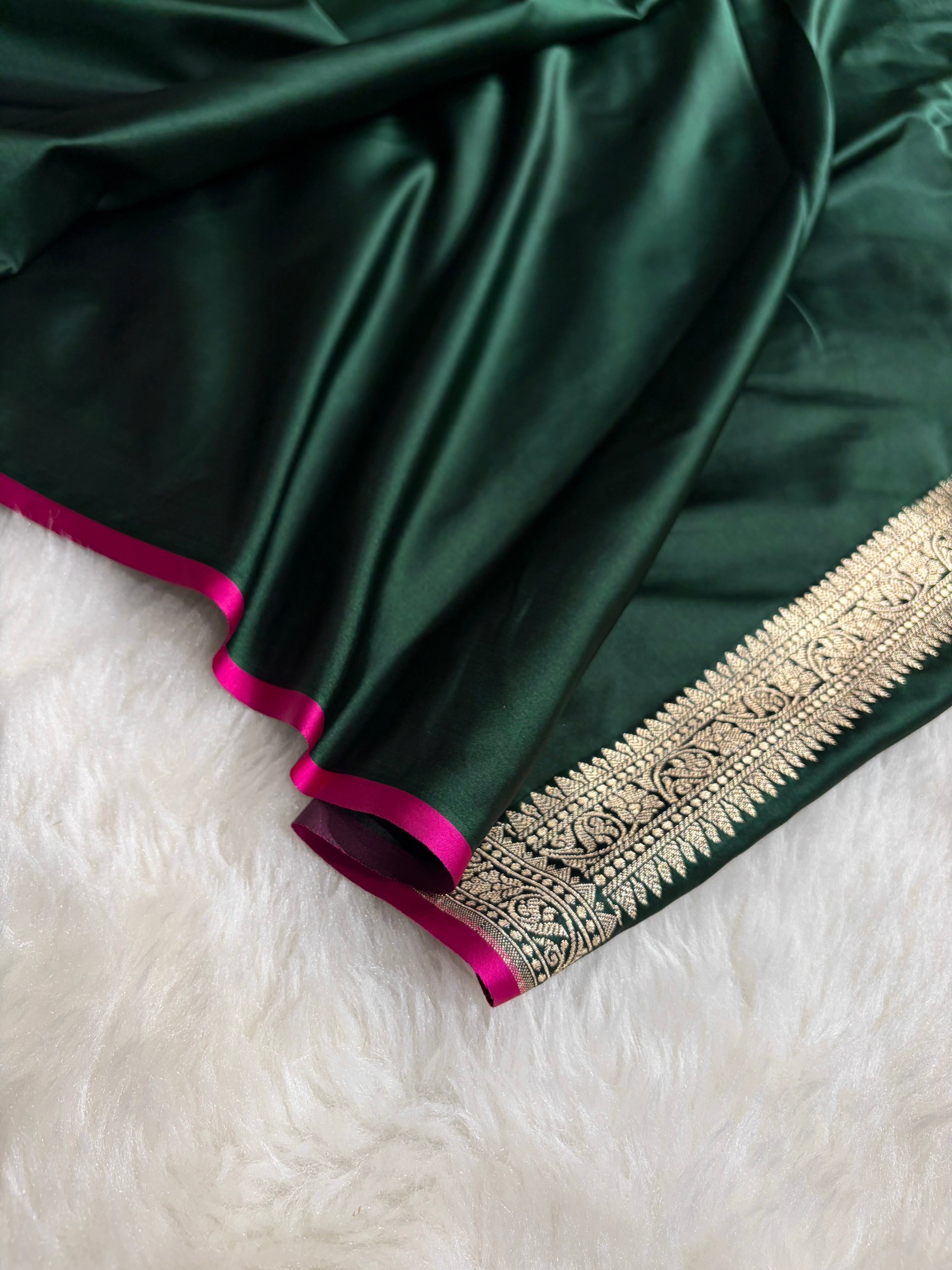 Premium Banarasi Satin Katan Saree in Dark Bottle Green Shades SK90