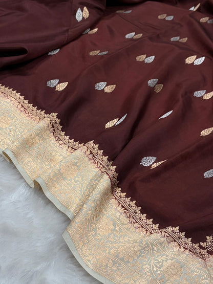 Banarasi Chocolate With Cream Contrast Shades  Boota Handwoven Pure Katan Paper Silk RM-76