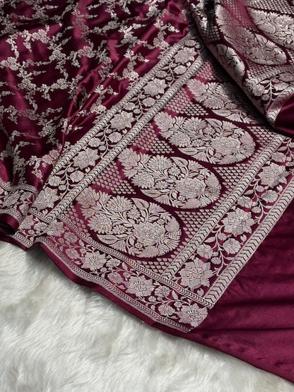 Garnet Jaal Pattern Mashru Silk Saree MS56