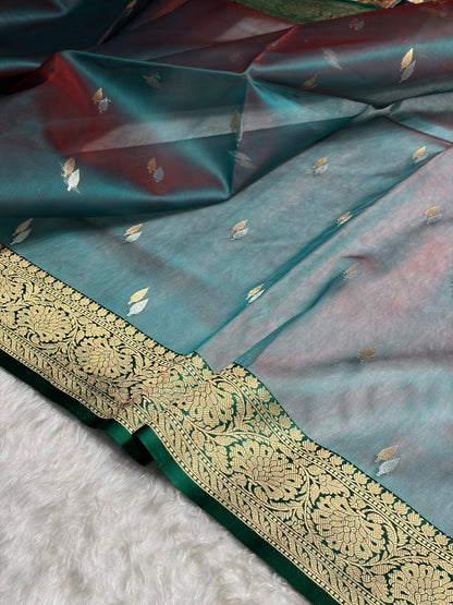 Contrast Pure Banarasi Organza Reddish Rama With Bottle Green Floral Banarasi Silk Saree PO-12
