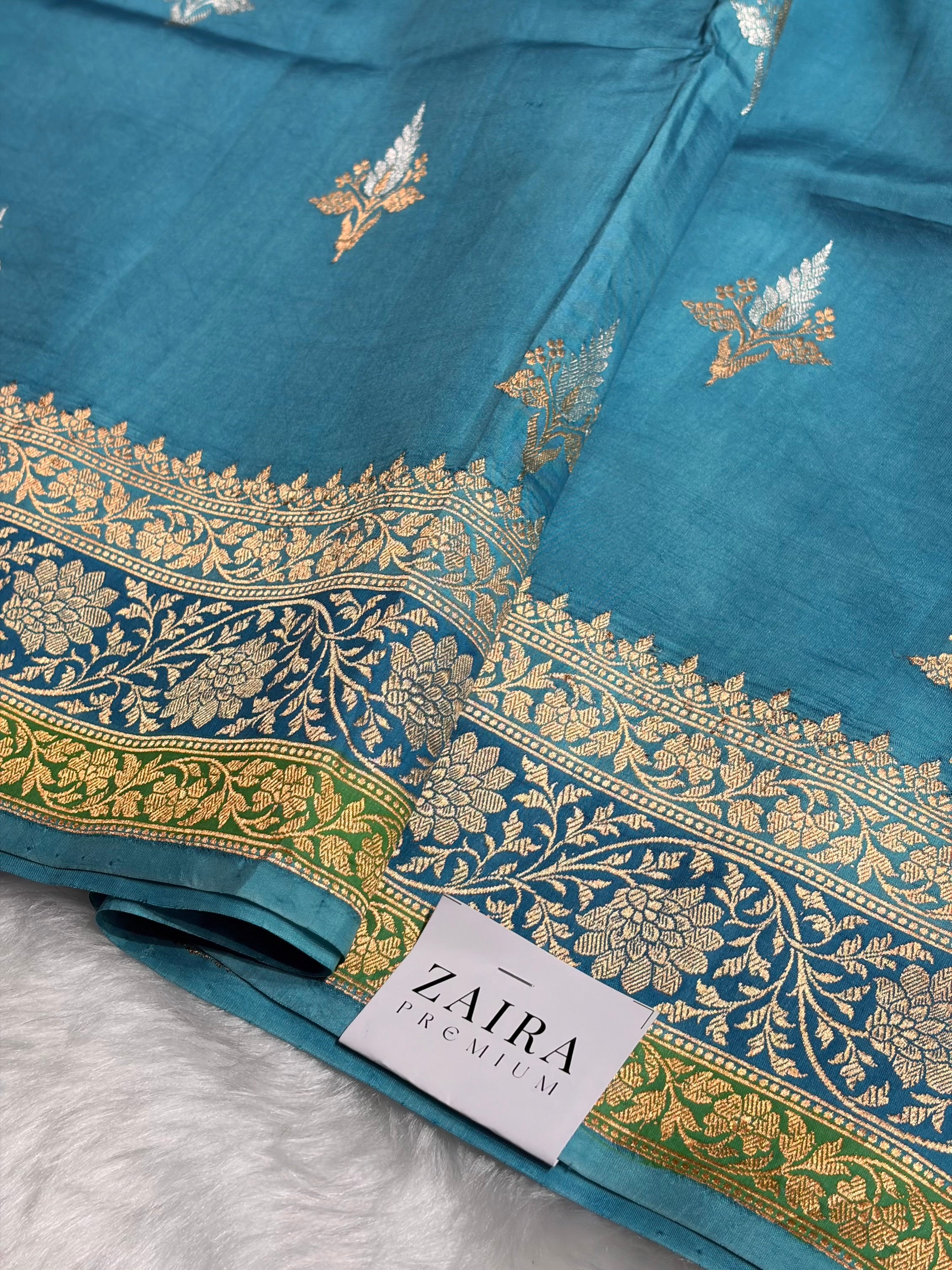 Firozi Shades Boota Handwoven Pure Katan Raw Mango Silk RM-18