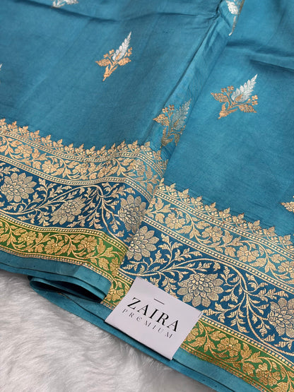 Firozi Shades Boota Handwoven Pure Katan Raw Mango Silk RM-18