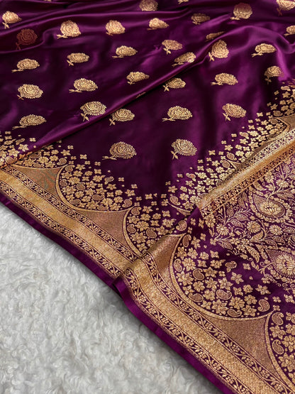 Banarasi Satin Katan Saree With Boota in Wine Shades SK111