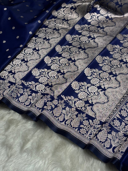 Navy Blue Floral Boota With Floral Border Mashru Silk Saree MSM 79