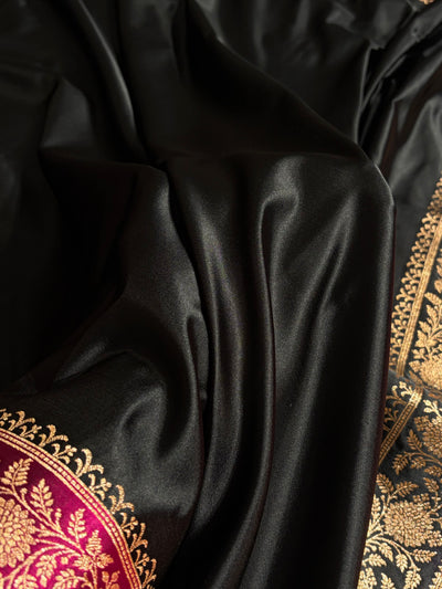 Banarasi Satin Katan Saree Floral Booti Pattern in Contrast Black / Rani Shades SK149