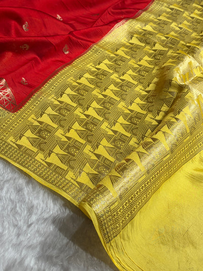 Banarasi Red With Lemon Contrast Shade Flower Boota Pure Caramel Mango Silk Saree CS-18
