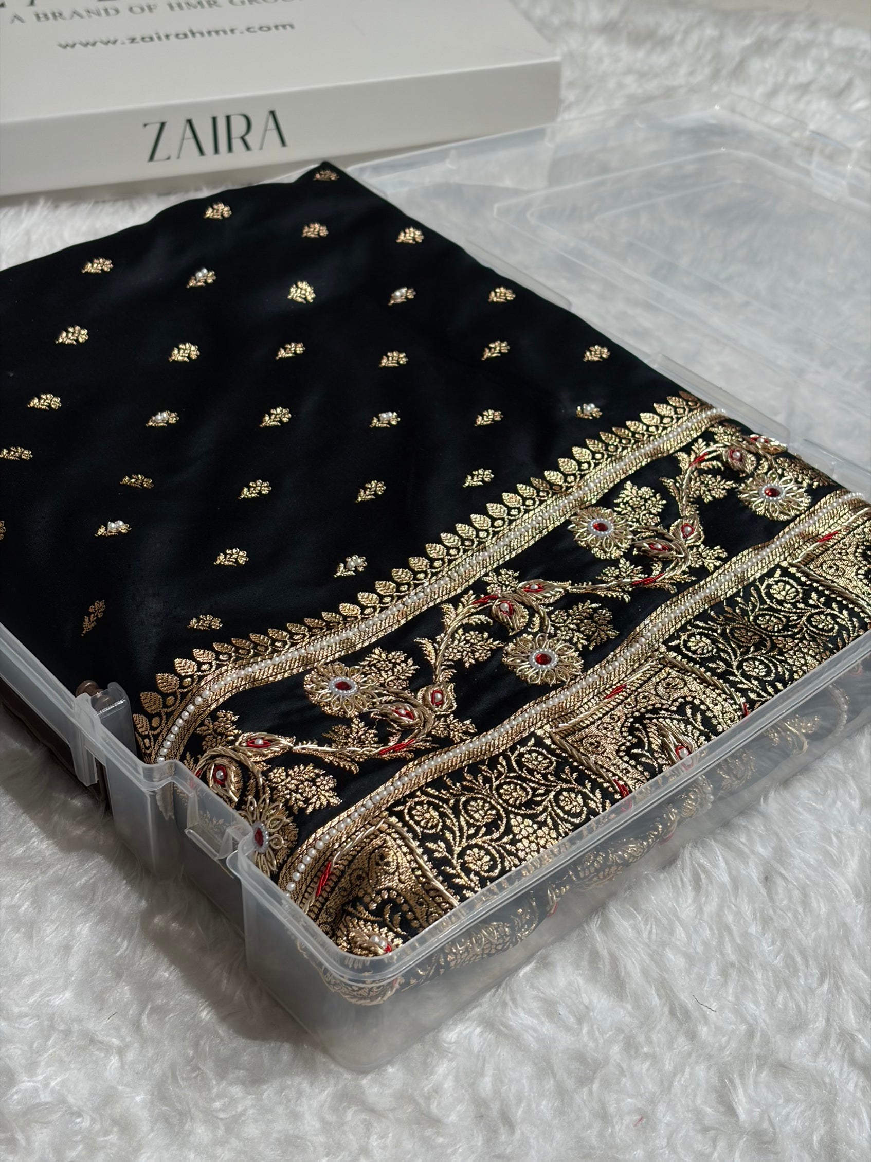 Black Floral Pattern With Aari Zardozi Moti Work Satin Katan Silk Saree BSK77