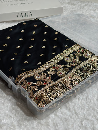 Black Floral Pattern With Aari Zardozi Moti Work Satin Katan Silk Saree BSK77