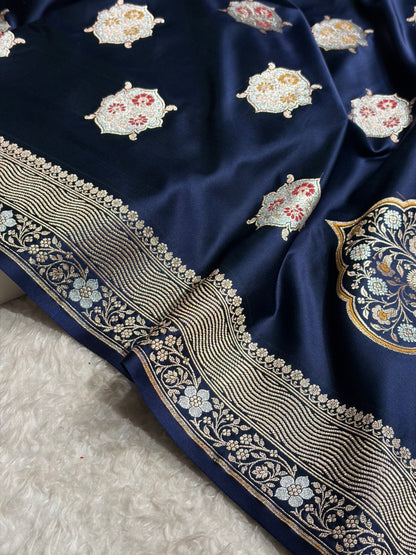 Premium Banarasi Satin Katan Saree Minakari Booti Pattern in Navy Blue Shades SK138
