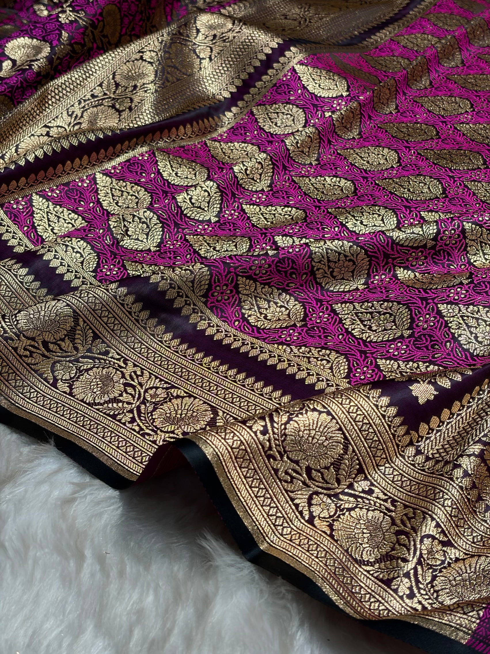 Wine With Pink Tanchoi Satin Katan Silk Saree SKTM-05