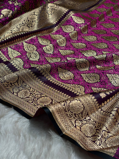 Wine With Pink Tanchoi Satin Katan Silk Saree SKTM-05