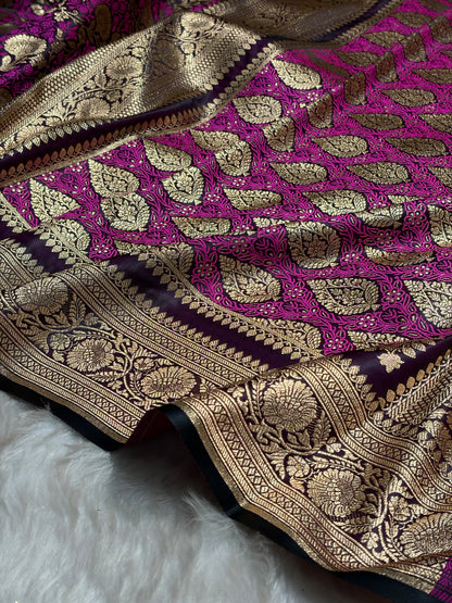 Wine With Pink Tanchoi Satin Katan Silk Saree SKTM-05