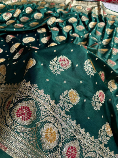 Bottle Green Shades Minakari Booti Satin Katan Silk saree