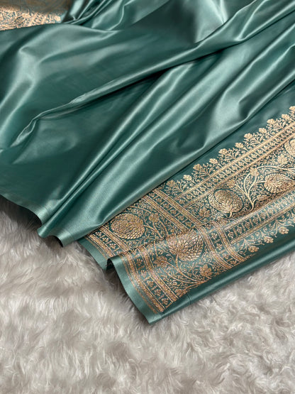 Rose Peach - Turquoise Banarasi Boota Katan Silk Saree SKM29