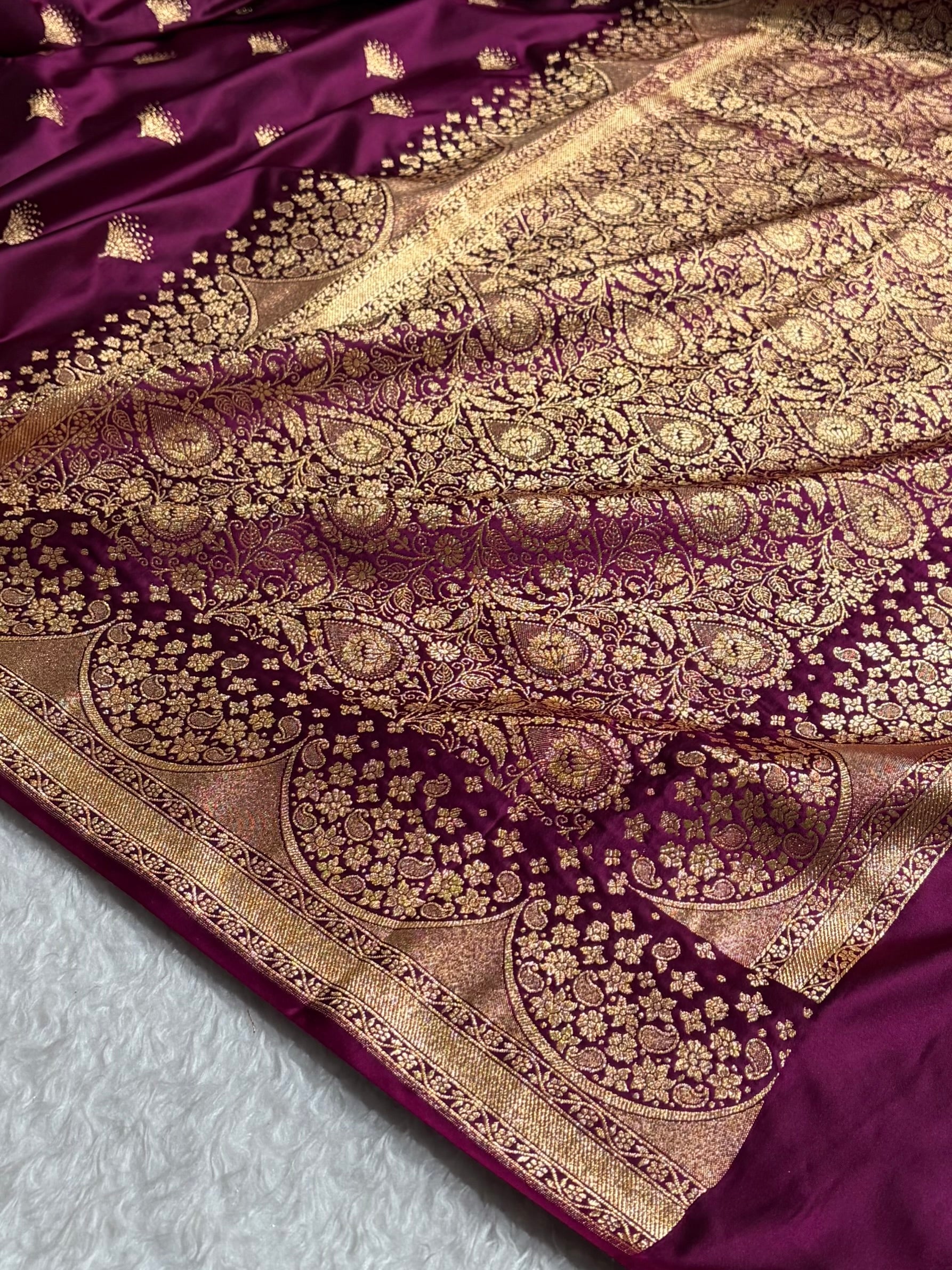 Wine Floral Banasari Pattern Satin Katan Silk Saree SK83