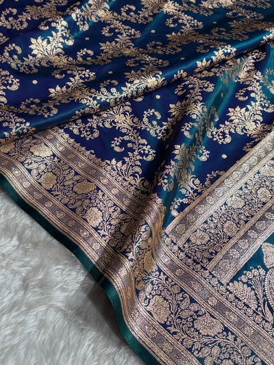 Peacock Shades Jaal Pattern Banarasi Satin Silk Saree SS49