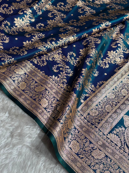 Peacock Shades Jaal Pattern Banarasi Satin Silk Saree SS49