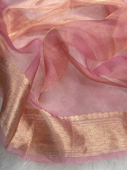 Light Peach Bananasi Floral Shades Pure Tissue Silk Saree PT-53