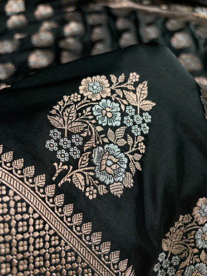 Premium Banarasi Satin Katan Saree With Minakari Boota in Black Shades SK93