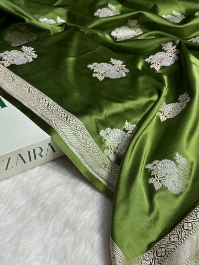 Mehendi Green Sona Rupa Floral Motif Mashru Silk Saree MCS50