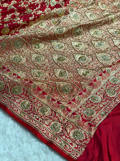 Magentic Red Shades Jaal Floral Pattern With Zardozi And Swarovski Stone Work Satin Katan Silk Saree BSK80